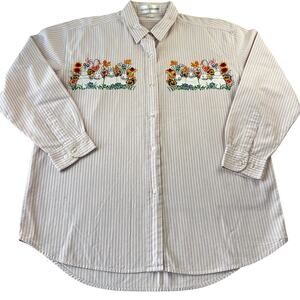 Casey Coleman Vintage Embroidered Easter Bunny Stripe Shirt Pink White Size XL